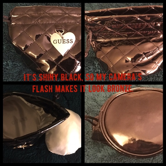 NEW Black Leather & Satin GUESS Drawstring Pouch - Picture 2 of 6